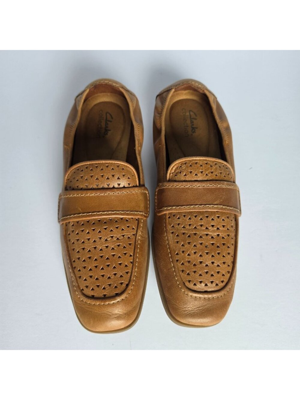 Clarks Brown Leather Loafers Slip-On Comfort Shoes Perforated Square Toe. Sz 9.5